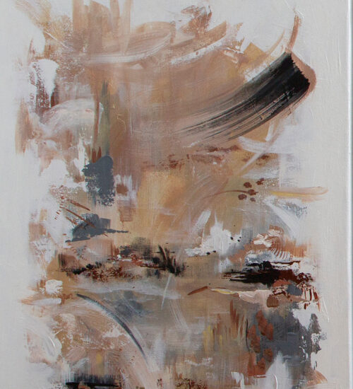 Three contemporary abstract paintings on the art studio. Nonfigurative abstract paintings of the same artistic series with colorful stains and strong brush texture.