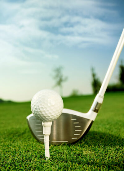 Golf equipment, golf ball with tee on course and stick