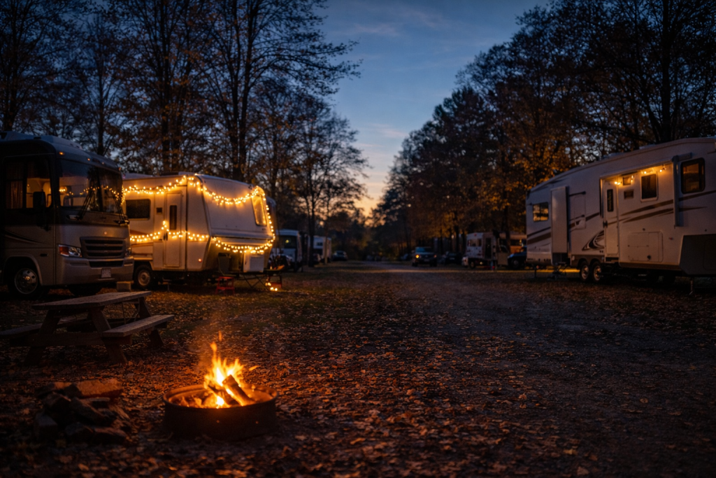 RV campsite at Kampers Lodge RV Park decorated with subtle holiday lights during a cozy December evening