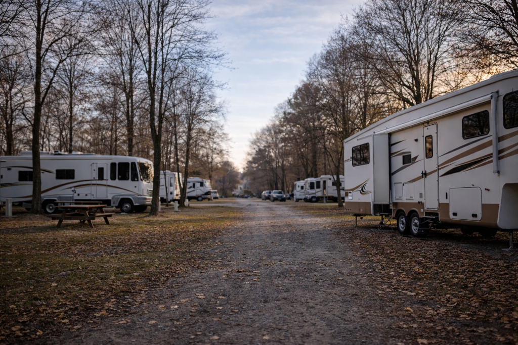 RVs parked at Kampers Lodge RV Park during a calm January winter day