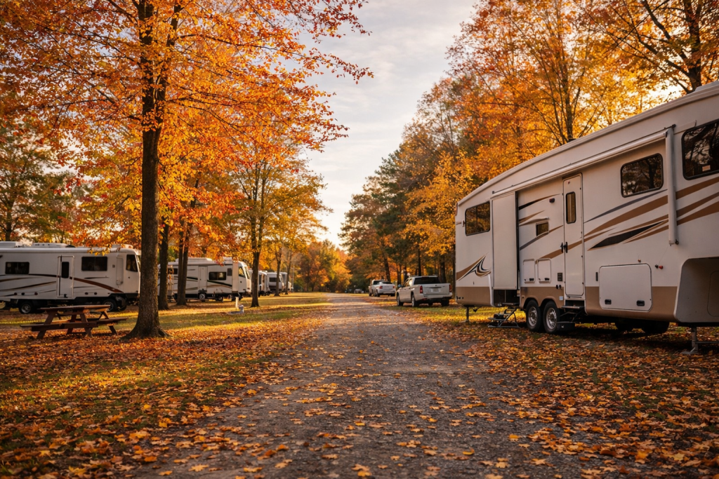 RVs parked at Kampers Lodge RV Park surrounded by fall colors in November